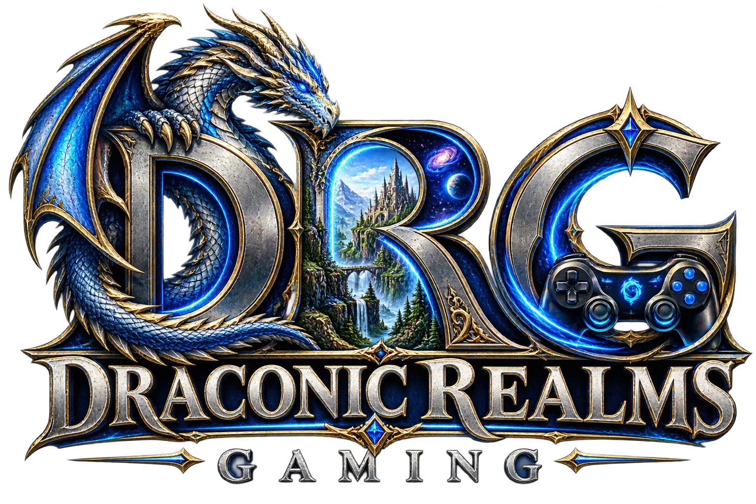 Draconic Realms Gaming logo: a dragon around the D, realms inside the R, a controller in the G