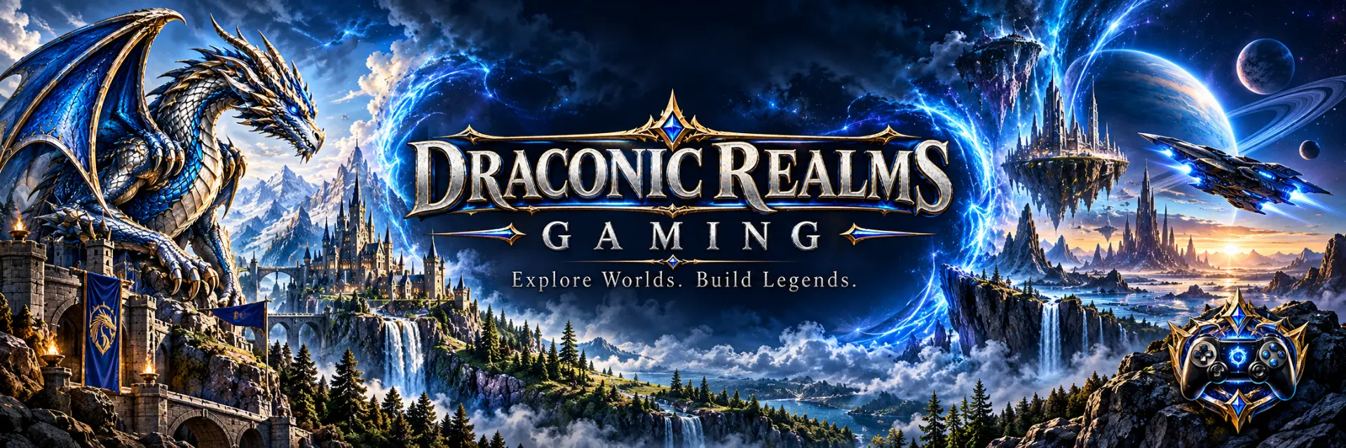 Draconic Realms Gaming banner: a dragon guarding a castle, glowing portals, planets and a spacecraft — Explore Worlds, Build Legends